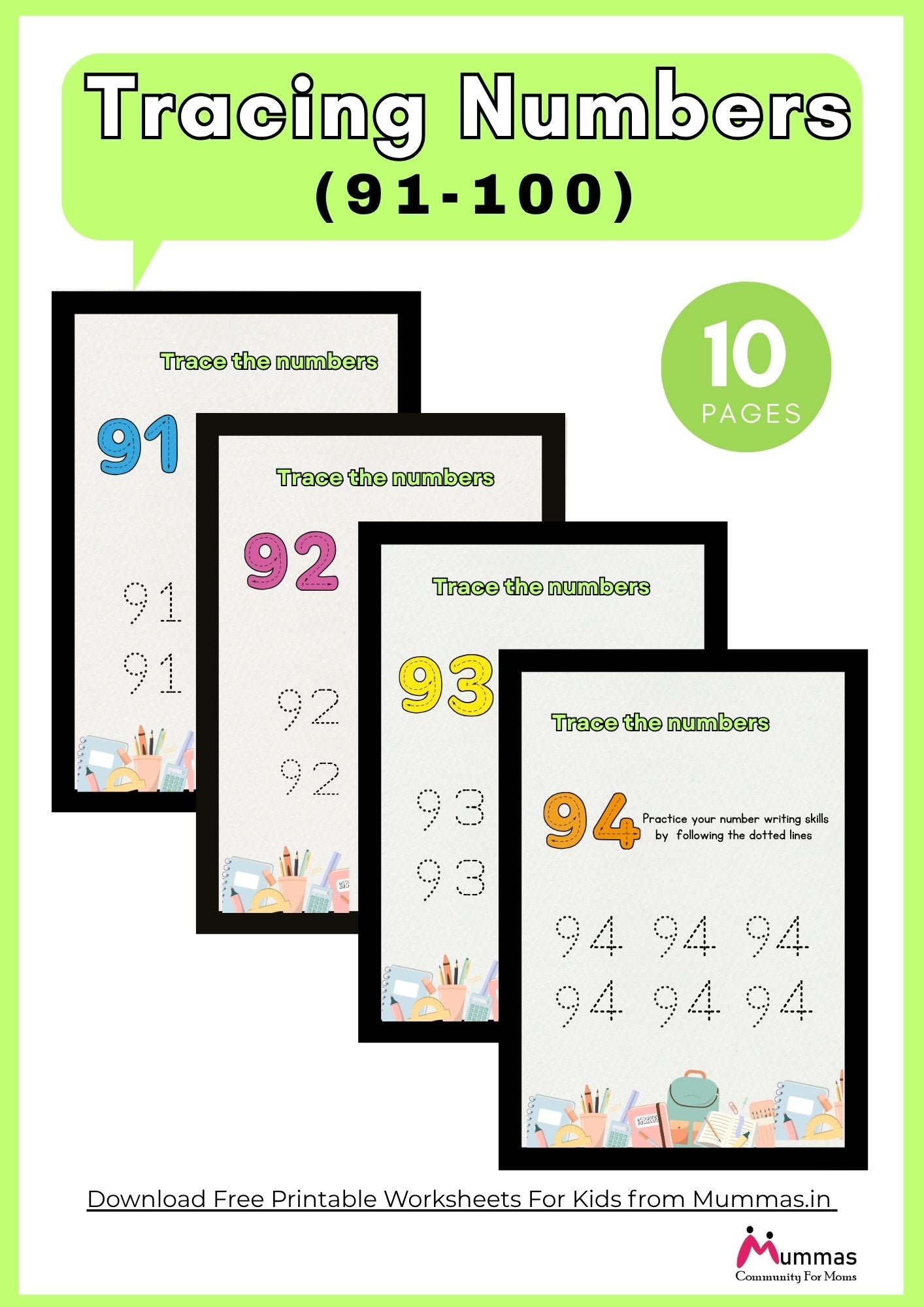 Number Tracing (91-100) Maths Worksheet for Montessori 2 Level Kids