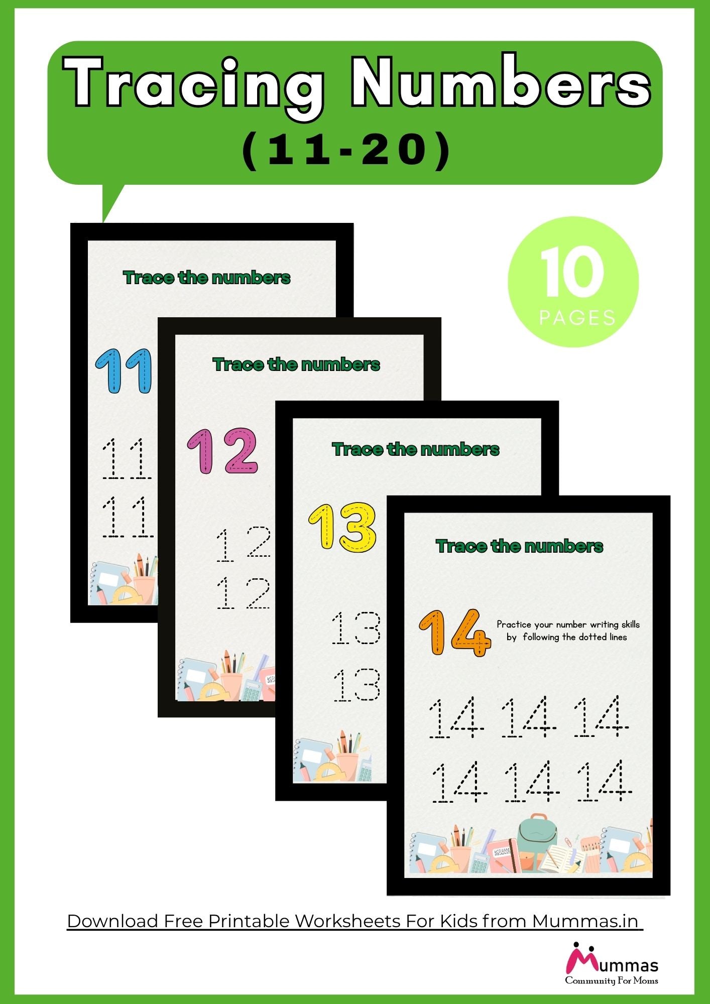 Number Tracing (11-20) Maths Worksheet for Montessori Level 1 Kids