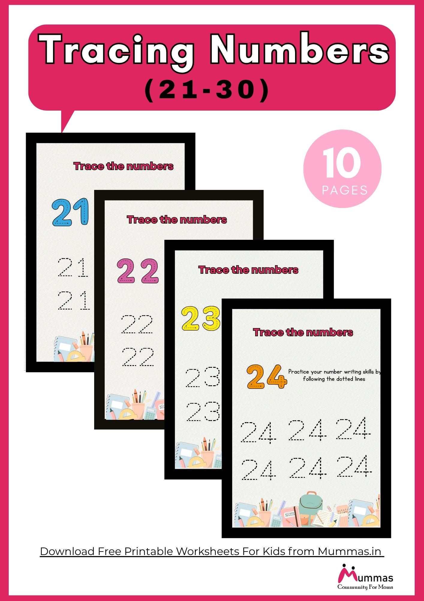 Number Tracing (21 - 30) Maths Worksheet for Montessori 1 Level Kids