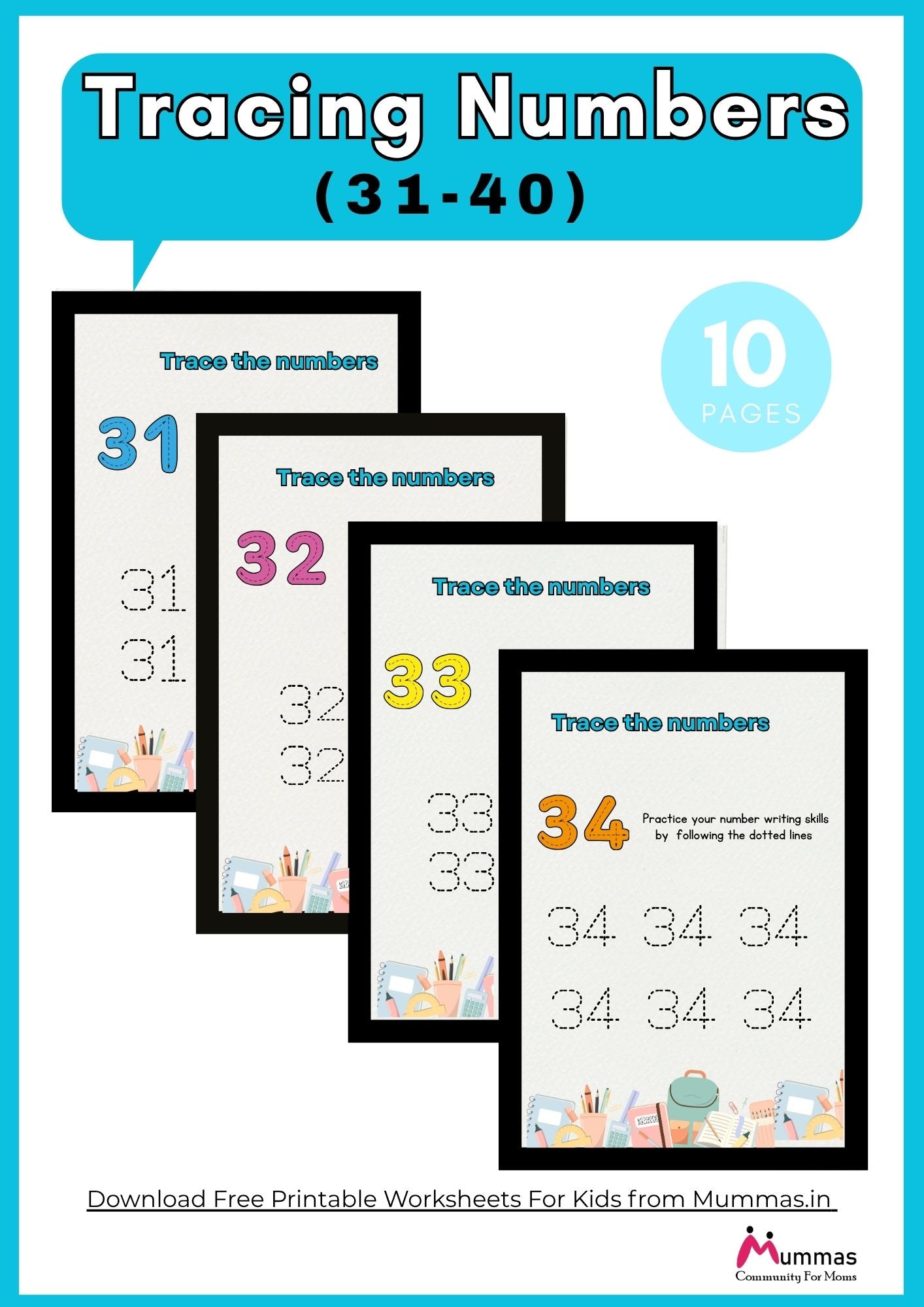 Number Tracing (31 - 40) Maths Worksheet for Montessori 1 Level Kids