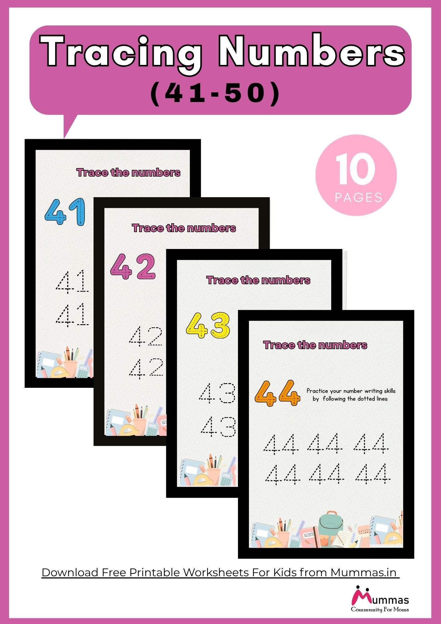 Number Tracing (41 - 50) Maths Worksheet for Montessori 1 Level Kids