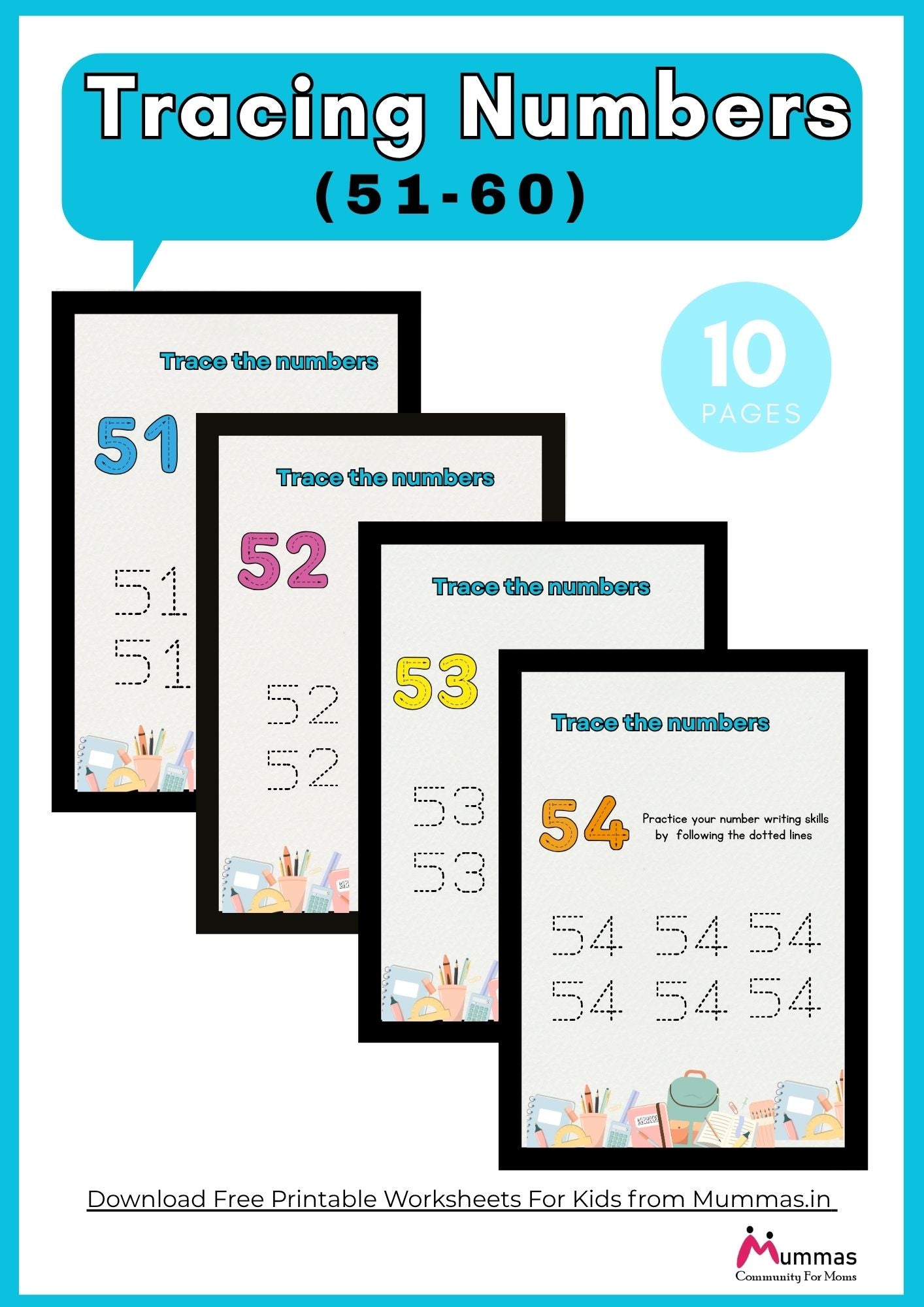 Number Tracing (51-60) Maths Worksheet for Montessori 2 Level Kids