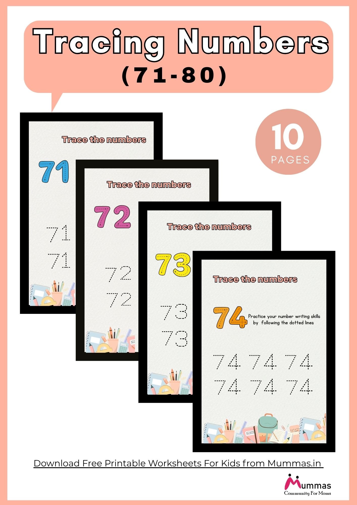 Number Tracing (71-80) Maths Worksheet for Montessori 2 Level Kids