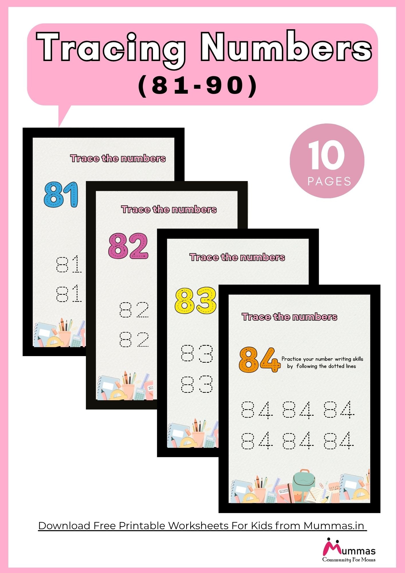 Number Tracing (81-90) Maths Worksheet for Montessori 2 Level Kids