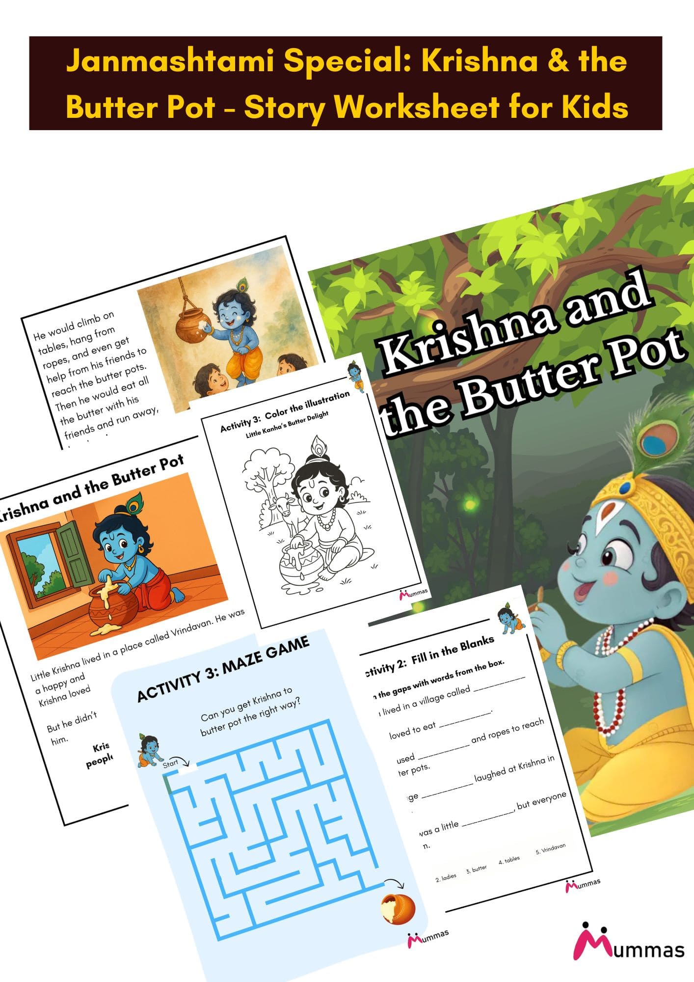 Krishna and the Butter Pot Worksheet - Spiritual Janmashtami Worksheet for 4-8-year-old Kids