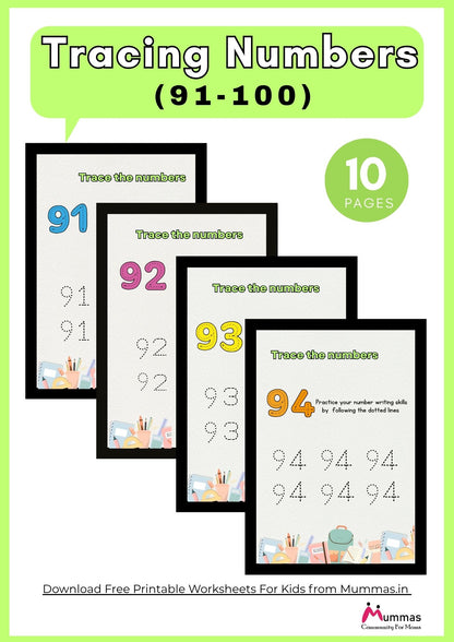 Number Tracing (91-100) Maths Worksheet for Montessori 2 Level Kids