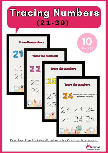 Number Tracing (21 - 30) Maths Worksheet for Montessori 1 Level Kids