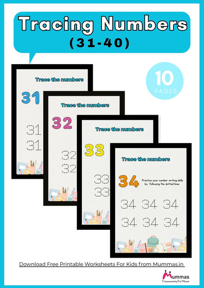 Number Tracing (31 - 40) Maths Worksheet for Montessori 1 Level Kids