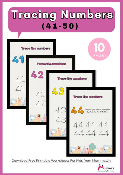 Number Tracing (41 - 50) Maths Worksheet for Montessori 1 Level Kids