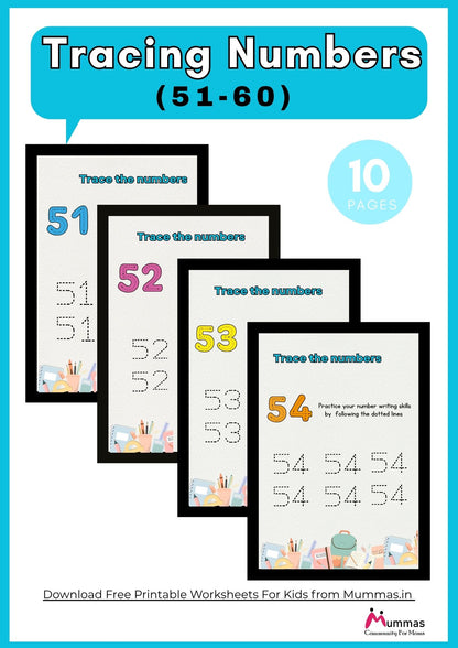 Number Tracing (51-60) Maths Worksheet for Montessori 2 Level Kids