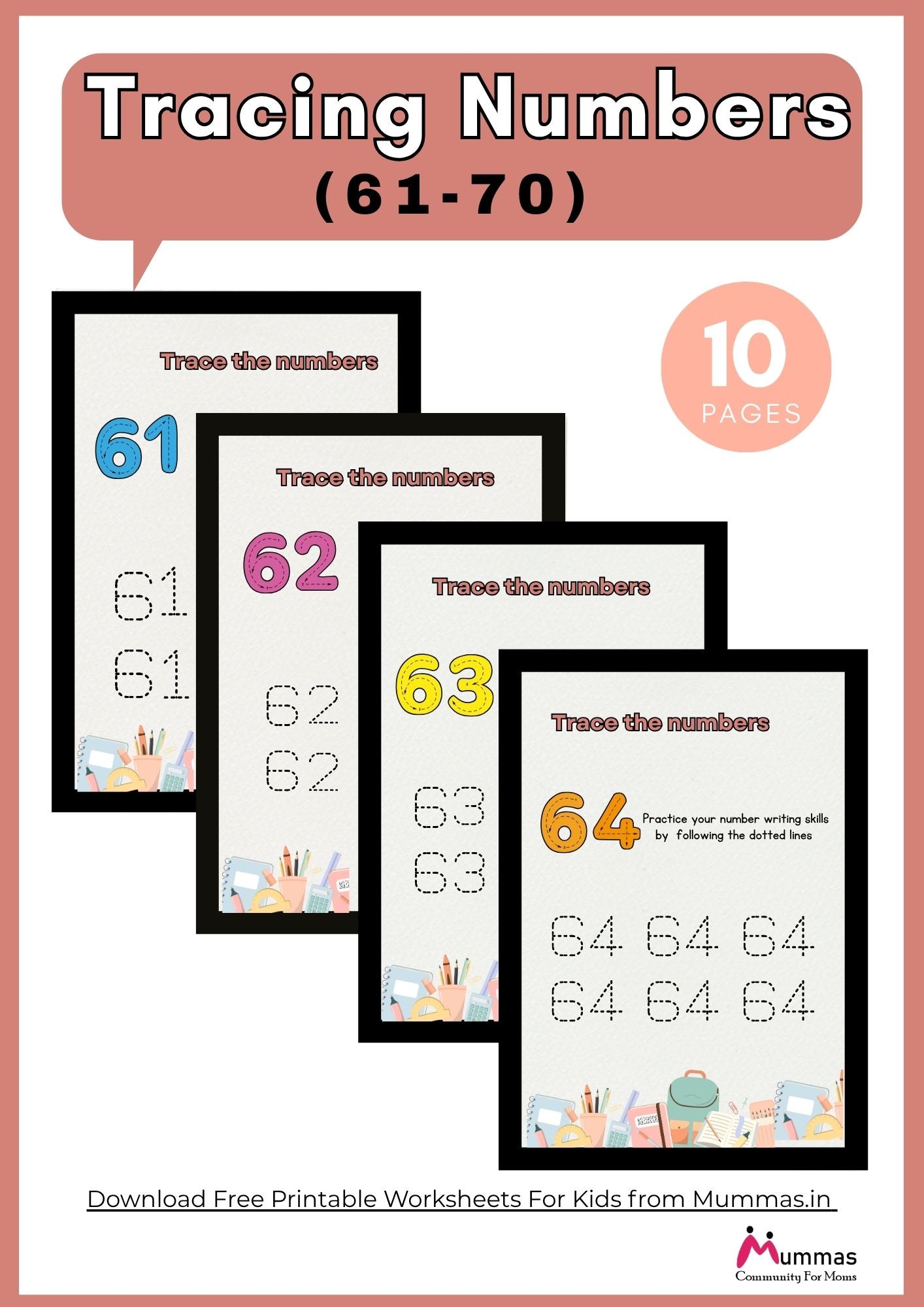 Number Tracing (61-70) Maths Worksheet for Montessori Level 2 Kids