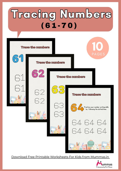 Number Tracing (61-70) Maths Worksheet for Montessori Level 2 Kids