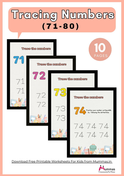 Number Tracing (71-80) Maths Worksheet for Montessori 2 Level Kids