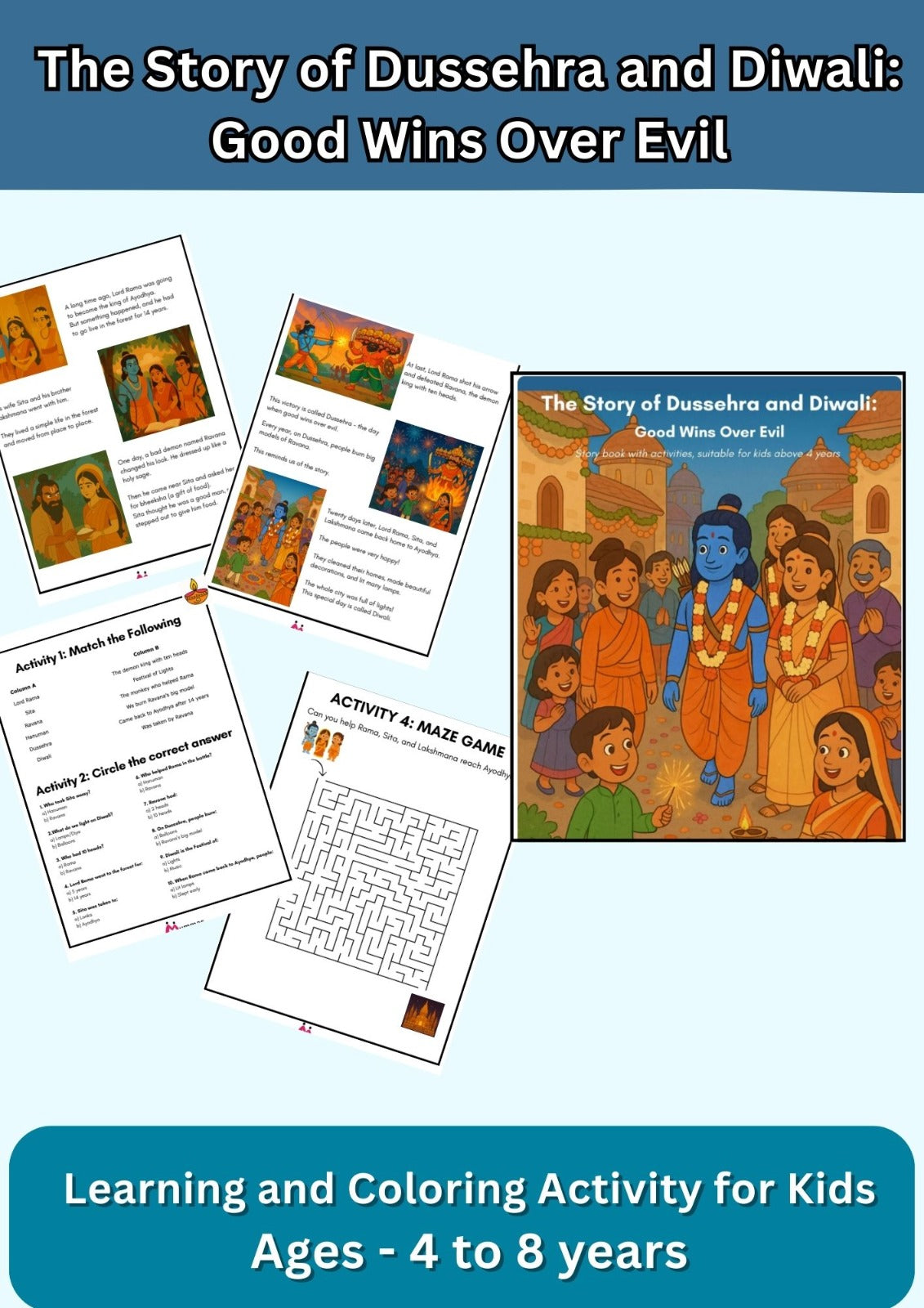 The Story of Dussehra and Diwali - With 5 Activities for Kids Up to 8 Years - Worksheet for Kids, Story Workbooks