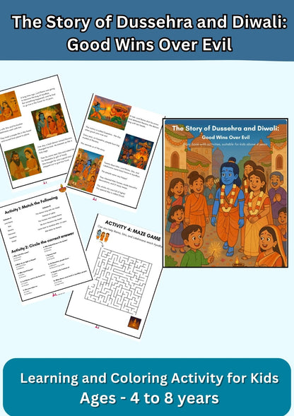 The Story of Dussehra and Diwali - With 5 Activities for Kids Up to 8 Years - Worksheet for Kids, Story Workbooks