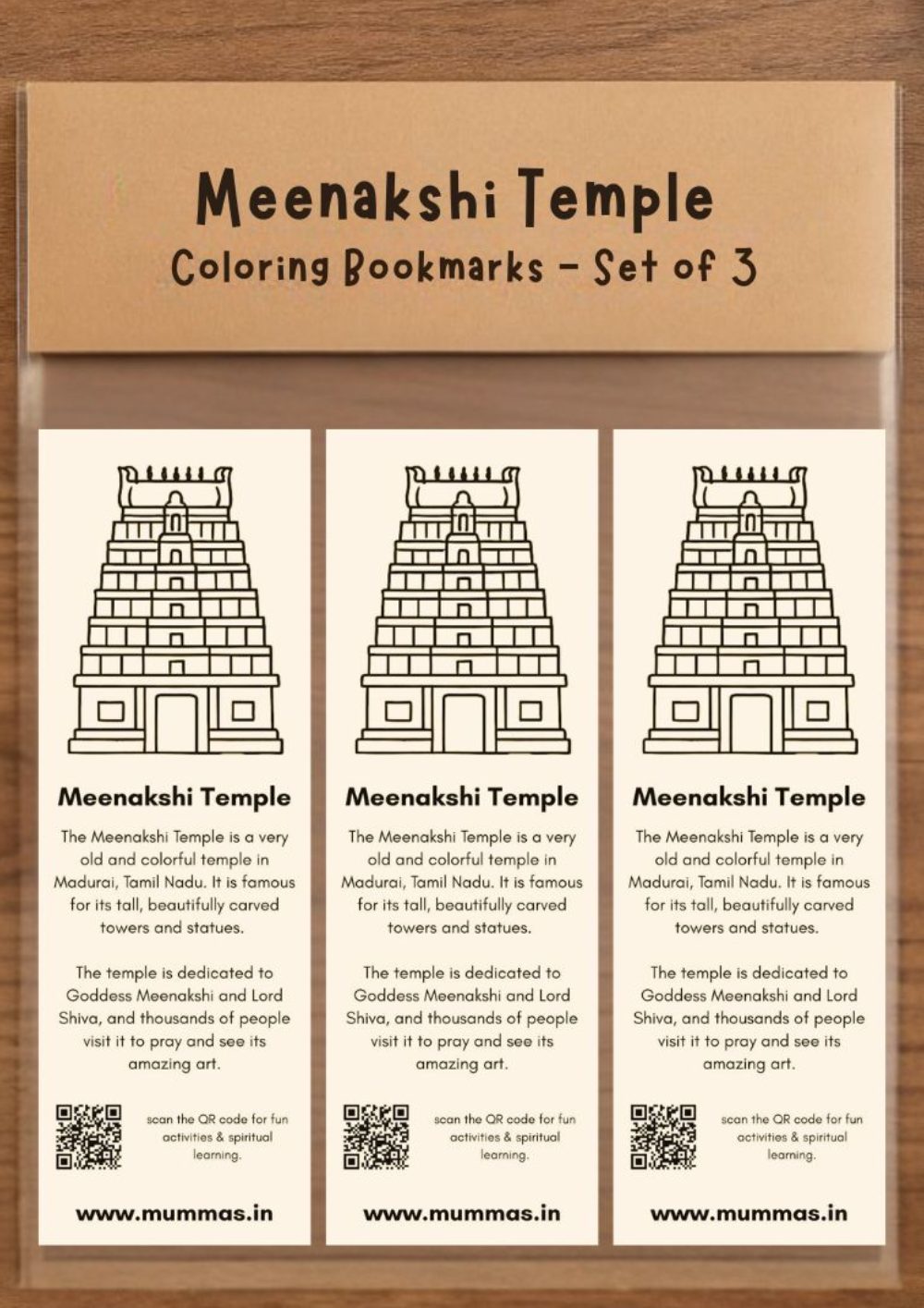Meenakshi Temple - Temple Architecture Coloring Bookmark - Set of 3