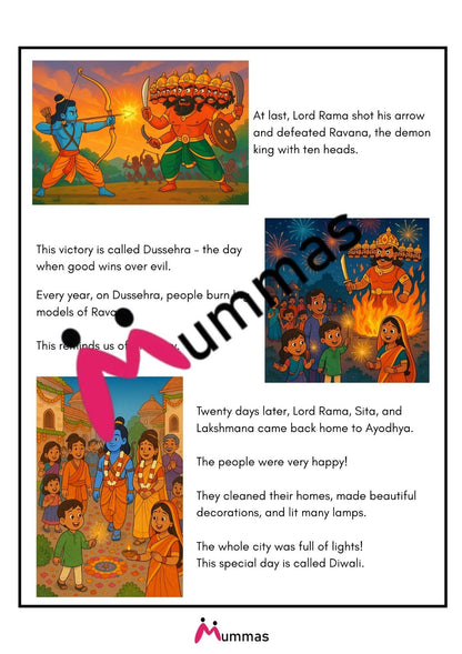 The Story of Dussehra and Diwali - With 5 Activities for Kids Up to 8 Years - Worksheet for Kids, Story Workbooks