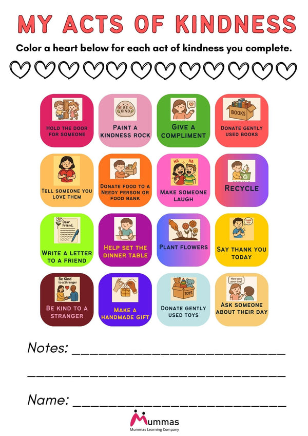 Kids Kindness Activity Chart 16 Acts of Kindness Thick Paper Print