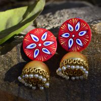 Handpainted-Red-Jhumki-With-Beads-Jaipuri-Earrings