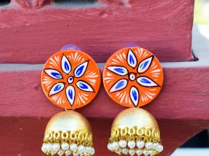 Handpainted-Orange-Jhumki-With-Beads-Jaipuri-Earrings