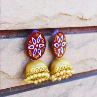 Handpainted-Maroon-Jhumki-With-Beads-Jaipuri-Earrings