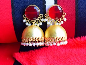 Designer-Stone-Red-Jaipuri-Jhumka-With-Beads
